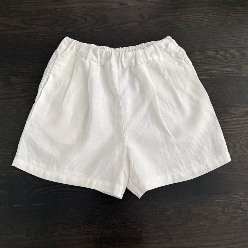 Mango White Elastic Waist Linen Blend Shorts